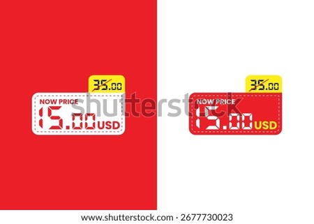 A sale price tag in vector format showing a discounted price of 15.00 USD from an old price of 35.00 USD. Perfect for online promotions, retail stores, and e-commerce websites.