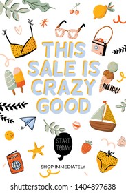 Sale print with beautiful Summer background and trendy lettering. Good template for web, card, poster, sticker, banner, invitation, flyers. Vector illustration
