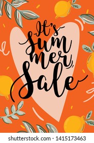 Sale print with beautiful Summer background and trendy lettering. Good template for web, card, poster, sticker, banner, invitation, flyers. Vector illustration