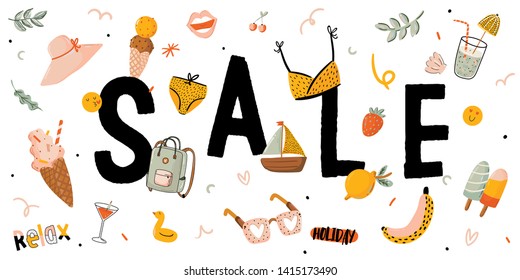 Sale print with beautiful Summer background and trendy lettering. Good template for web, card, poster, sticker, banner, invitation, flyers. Vector illustration