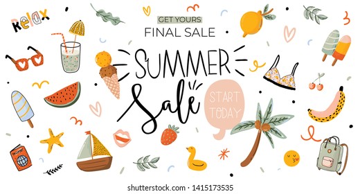 Sale print with beautiful Summer background and trendy lettering. Good template for web, card, poster, sticker, banner, invitation, flyers. Vector illustration