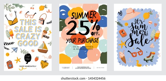 Sale print with beautiful Summer background and trendy lettering. Good template for web, card, poster, sticker, banner, invitation, flyers. Vector illustration
