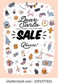 Sale print with beautiful Winter background, Christmas elements and trendy lettering. Good template for web, card, poster, sticker, banner, invitation, flyers. Vector illustration