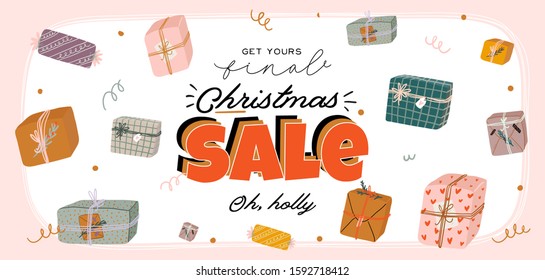 Sale print with beautiful Winter background, Christmas elements and trendy lettering. Good template for web, card, poster, sticker, banner, invitation, flyers. Vector illustration