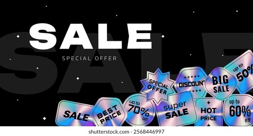 Sale Promo Banner with holographic stickers on black background. Horizontal template for banner, ads. Vector illustration