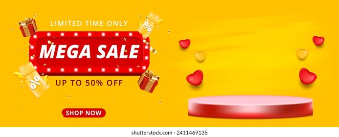 sale promo banner template with podium and flying discount label.