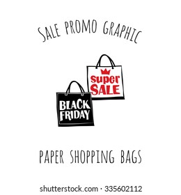 Sale promo graphic: paper shopping bags. Hand drawn glamour fashion isolated element on a white background with two inscription around. Simple poster, flyer, card.