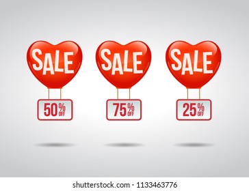 Sale promo label with hearth balloons