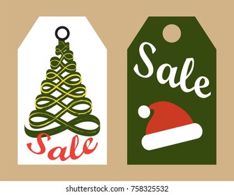 Sale promo tags ready to use stickers vector illustrations in shopping concept. Labels with Christmas tree and red Santa hat promotional advertisement