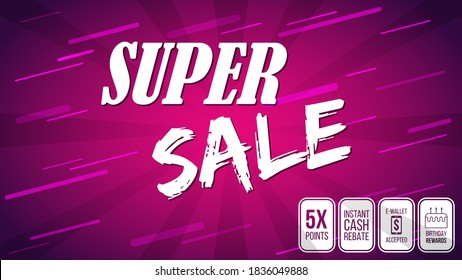 Sale promotion advertising design template with typography and catchy colors. Social media ad content, poster, banner, card , bunting and landing page template. Vector illustration. 16:9 ratio