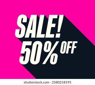 Sale promotion banner 50 percent off with long 3D shadow flat design vector illustration.
