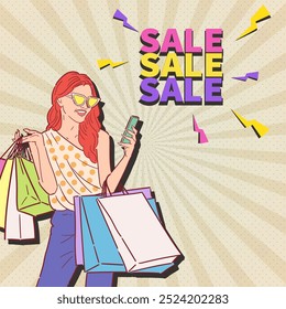 Sale promotion banner or flyer design with retro or pop art style illustration. Vector.