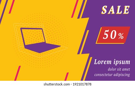 Sale promotion banner with place for your text. On the left is the notebook symbol. Promotional text with discount percentage on the right side. Vector illustration on yellow background