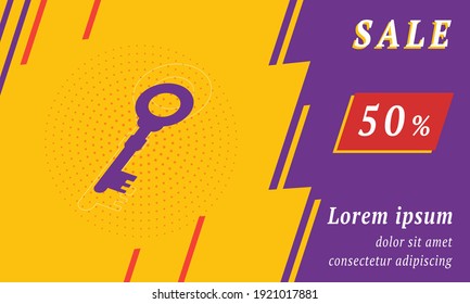 Sale promotion banner with place for your text. On the left is the old key symbol. Promotional text with discount percentage on the right side. Vector illustration on yellow background