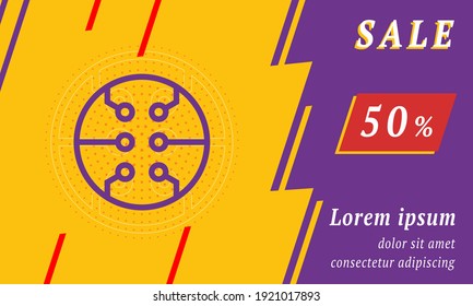 Sale promotion banner with place for your text. On the left is the microcircuit symbol. Promotional text with discount percentage on the right side. Vector illustration on yellow background