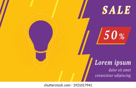 Sale promotion banner with place for your text. On the left is the lamp symbol. Promotional text with discount percentage on the right side. Vector illustration on yellow background
