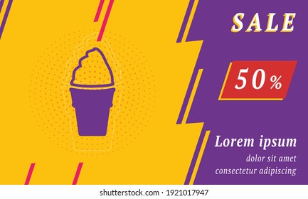 Sale promotion banner with place for your text. On the left is the ice cream symbol. Promotional text with discount percentage on the right side. Vector illustration on yellow background
