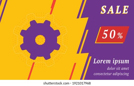 Sale Promotion Banner With Place For Your Text. On The Left Is The Gear Symbol. Promotional Text With Discount Percentage On The Right Side. Vector Illustration On Yellow Background