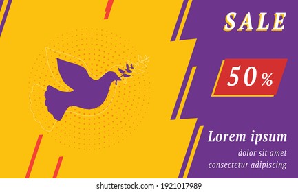 Sale promotion banner with place for your text. On the left is the dove of peace symbol. Promotional text with discount percentage on the right side. Vector illustration on yellow background