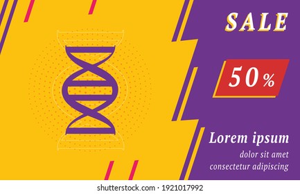 Sale promotion banner with place for your text. On the left is the dna symbol. Promotional text with discount percentage on the right side. Vector illustration on yellow background