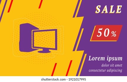 Sale promotion banner with place for your text. On the left is the desktop symbol. Promotional text with discount percentage on the right side. Vector illustration on yellow background
