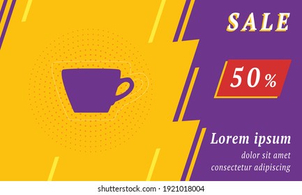 Sale promotion banner with place for your text. On the left is the coffee cup symbol. Promotional text with discount percentage on the right side. Vector illustration on yellow background