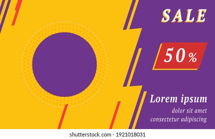 Sale promotion banner with place for your text. On the left is the circle. Promotional text with discount percentage on the right side. Vector illustration on yellow background