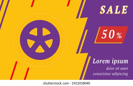 Sale Promotion Banner With Place For Your Text. On The Left Is The Car Wheel Symbol. Promotional Text With Discount Percentage On The Right Side. Vector Illustration On Yellow Background