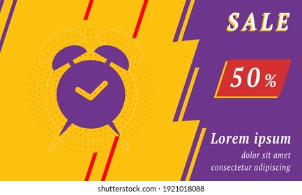 Sale promotion banner with place for your text. On the left is the alarm clock symbol. Promotional text with discount percentage on the right side. Vector illustration on yellow background