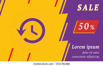 Sale promotion banner with place for your text. On the left is the time back symbol. Promotional text with discount percentage on the right side. Vector illustration on yellow background