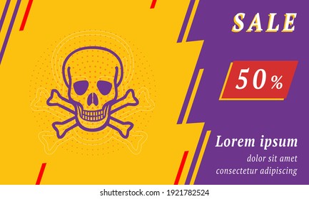 Sale promotion banner with place for your text. On the left is the skull. Promotional text with discount percentage on the right side. Vector illustration on yellow background
