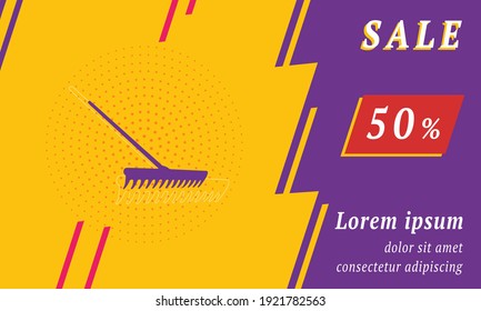 Sale promotion banner with place for your text. On the left is the rake symbol. Promotional text with discount percentage on the right side. Vector illustration on yellow background