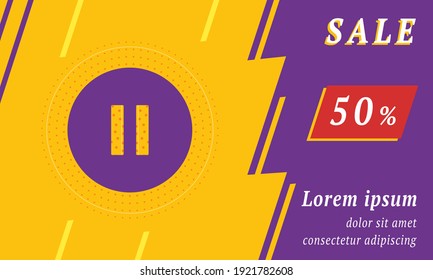 Banner de promoción de ventas con lugar para tu texto. A la izquierda está el símbolo de pausa. Texto promocional con porcentaje de descuento en el lado derecho. Ilustración del vector sobre fondo amarillo