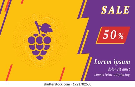 Sale promotion banner with place for your text. On the left is the grapes symbol. Promotional text with discount percentage on the right side. Vector illustration on yellow background