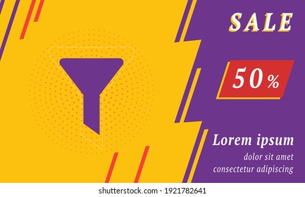 Sale promotion banner with place for your text. On the left is the funnel symbol. Promotional text with discount percentage on the right side. Vector illustration on yellow background
