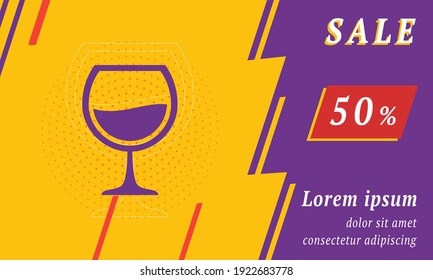 Sale promotion banner with place for your text. On the left is the wineglass symbol. Promotional text with discount percentage on the right side. Vector illustration on yellow background
