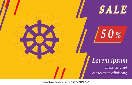 Sale Promotion Banner With Place For Your Text. On The Left Is The Wheel Symbol. Promotional Text With Discount Percentage On The Right Side. Vector Illustration On Yellow Background