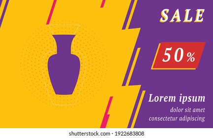 Sale promotion banner with place for your text. On the left is the vase. Promotional text with discount percentage on the right side. Vector illustration on yellow background