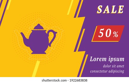Sale promotion banner with place for your text. On the left is the teapot. Promotional text with discount percentage on the right side. Vector illustration on yellow background