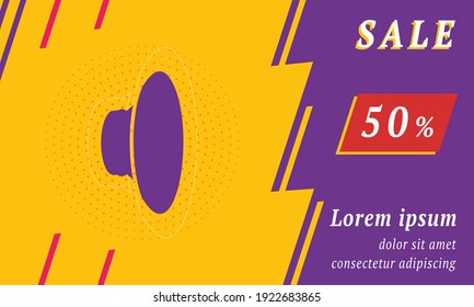 Sale promotion banner with place for your text. On the left is the speaker symbol. Promotional text with discount percentage on the right side. Vector illustration on yellow background