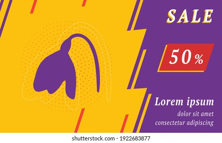 Sale promotion banner with place for your text. On the left is the snowdrop. Promotional text with discount percentage on the right side. Vector illustration on yellow background