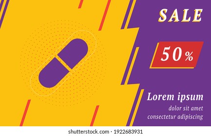Sale promotion banner with place for your text. On the left is the medical capsule symbol. Promotional text with discount percentage on the right side. Vector illustration on yellow background