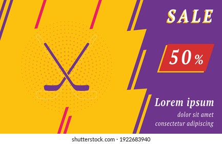 Sale promotion banner with place for your text. On the left is the hockey symbol. Promotional text with discount percentage on the right side. Vector illustration on yellow background