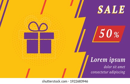 Sale promotion banner with place for your text. On the left is the gift symbol. Promotional text with discount percentage on the right side. Vector illustration on yellow background