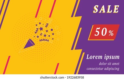 Sale promotion banner with place for your text. On the left is the exploding party popper. Promotional text with discount percentage on the right side. Vector illustration on yellow background