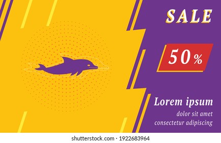 Sale promotion banner with place for your text. On the left is the dolphin symbol. Promotional text with discount percentage on the right side. Vector illustration on yellow background