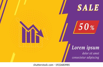Sale promotion banner with place for your text. On the left is the chart down symbol. Promotional text with discount percentage on the right side. Vector illustration on yellow background