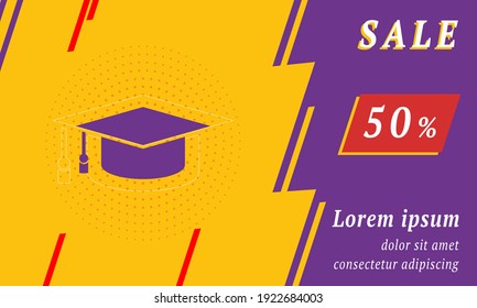 Sale promotion banner with place for your text. On the left is the square academic cap symbol. Promotional text with discount percentage on the right side. Vector illustration on yellow background