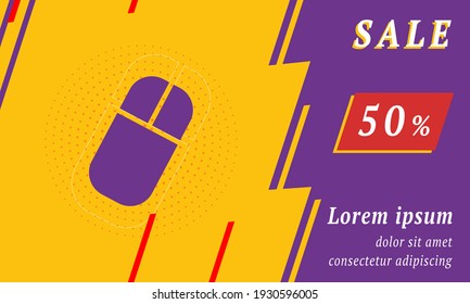 Sale promotion banner with place for your text. On the left is the computer mouse symbol. Promotional text with discount percentage on the right side. Vector illustration on yellow background