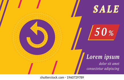 Sale Promotion Banner With Place For Your Text. On The Left Is The Replay Media Symbol. Promotional Text With Discount Percentage On The Right Side. Vector Illustration On Yellow Background